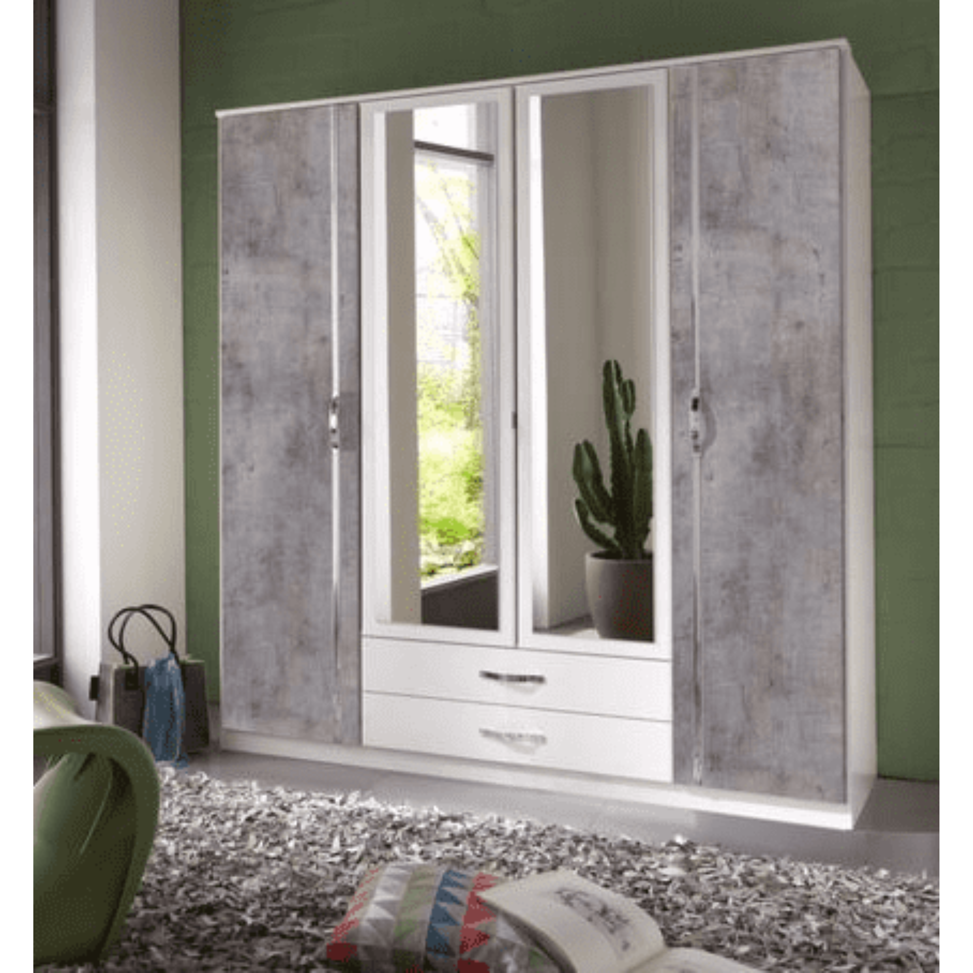 Ramina Concrete Grey and White 4 Door 2 Drawer German Wardrobe - 2660