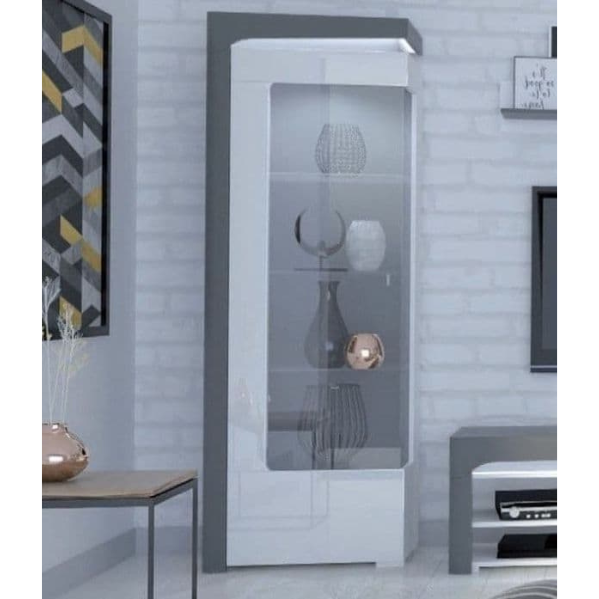 Athens Grey And White Gloss LEFT Display Cabinet with Glass Door and LED Lights - 3164