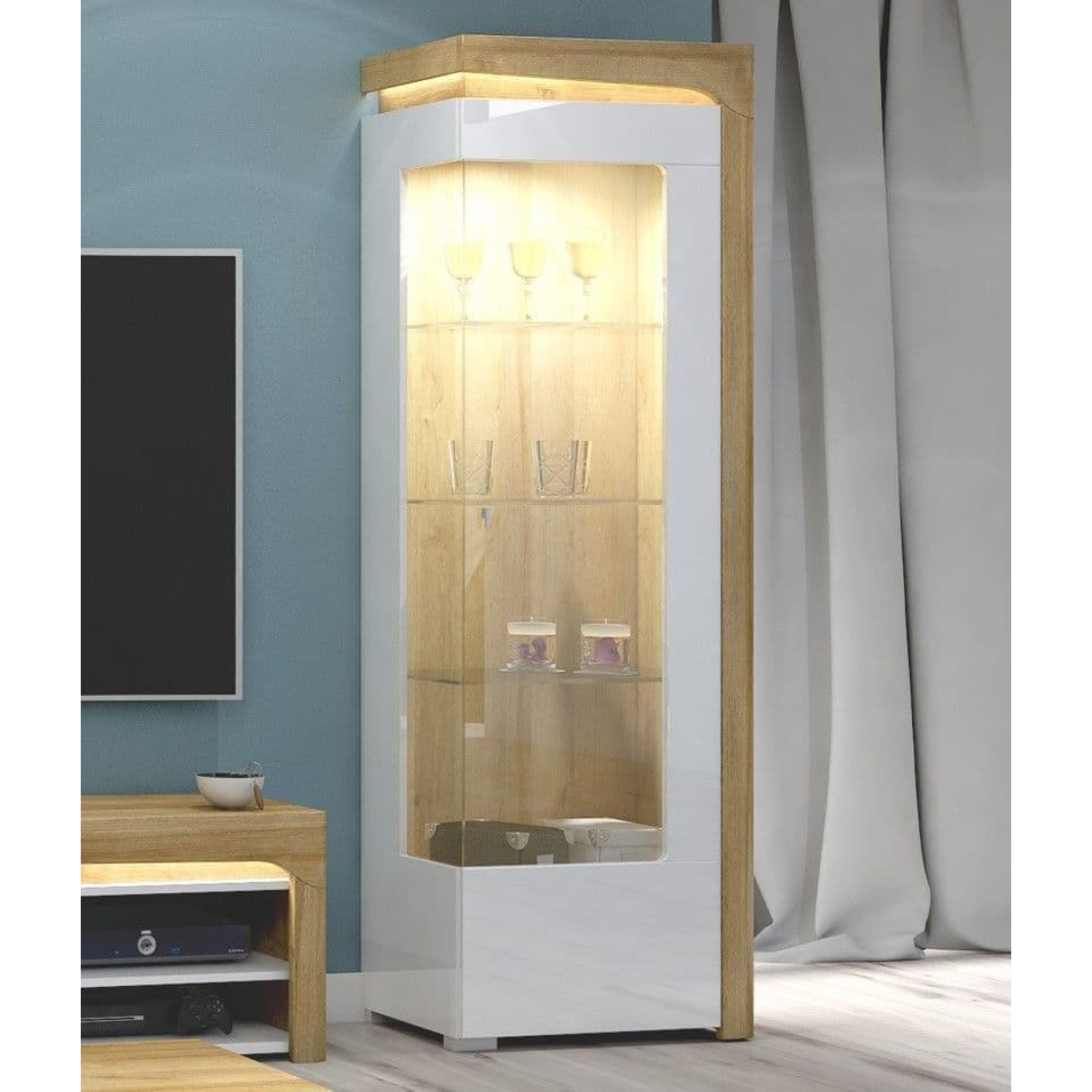 Cadillac Oak Effect And White Gloss RIGHT Display Cabinet with Glass Door and LED Lights - 3173