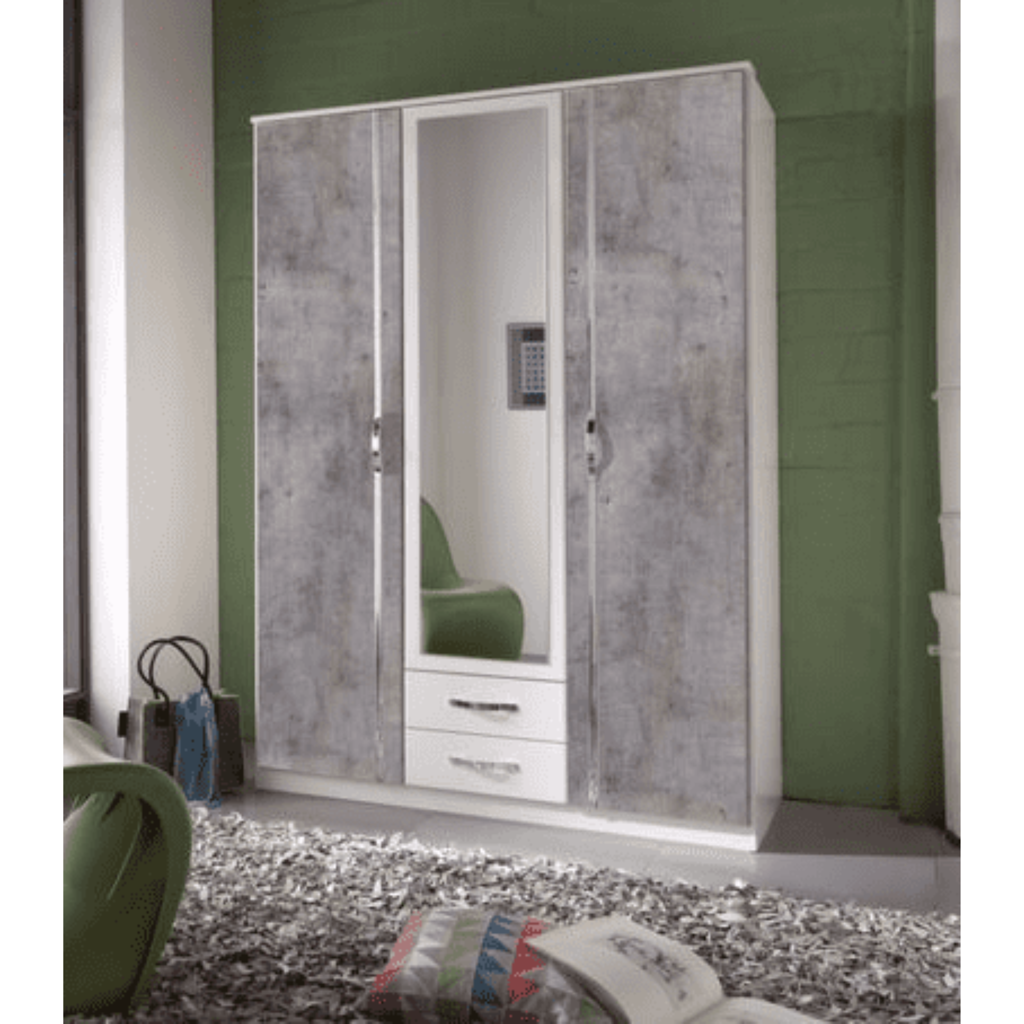 Ramina Concrete Grey and White 3 Door 2 Drawer German Wardrobe - 2659