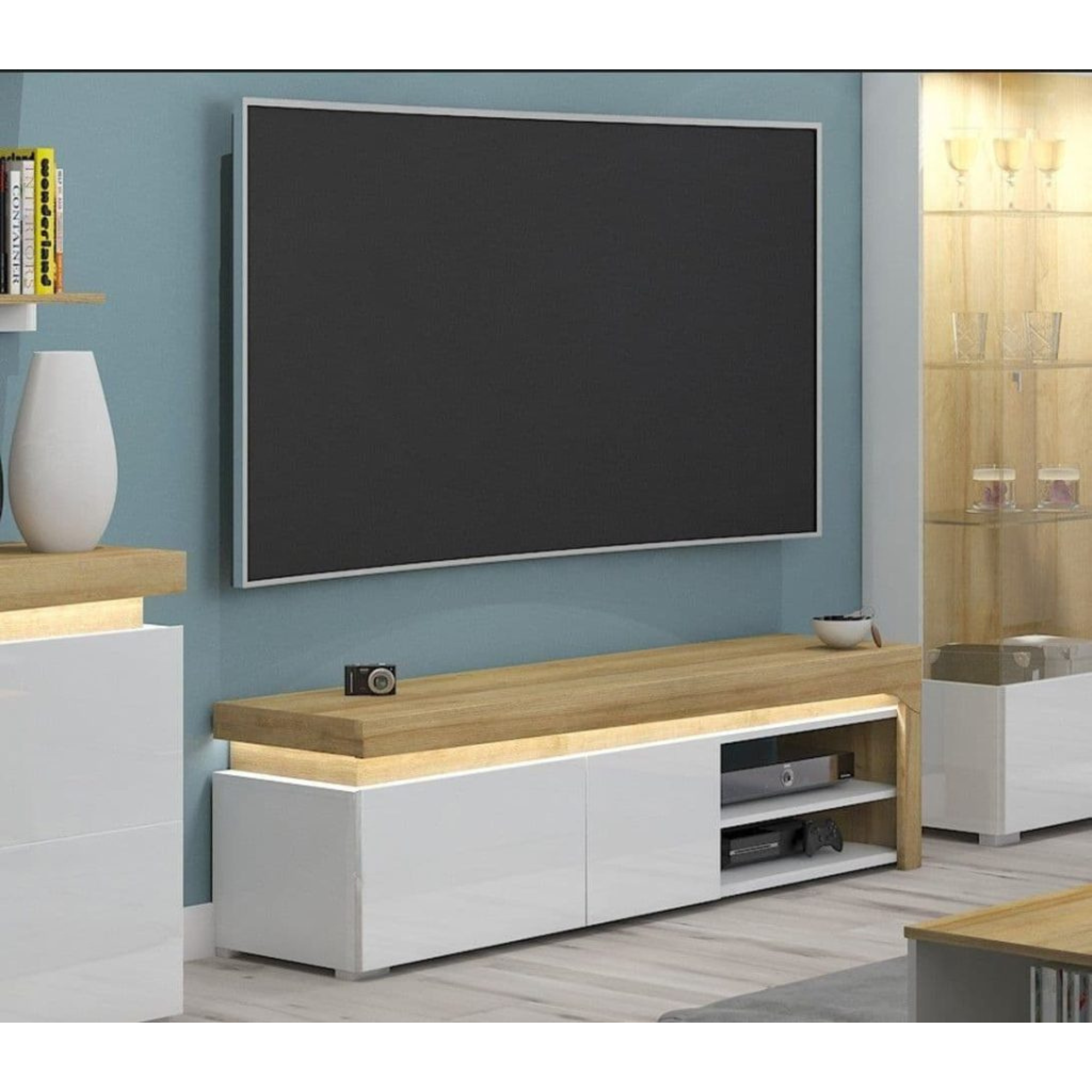 Cadillac Oak Effect And White Gloss TV Unit With Lights - 3180