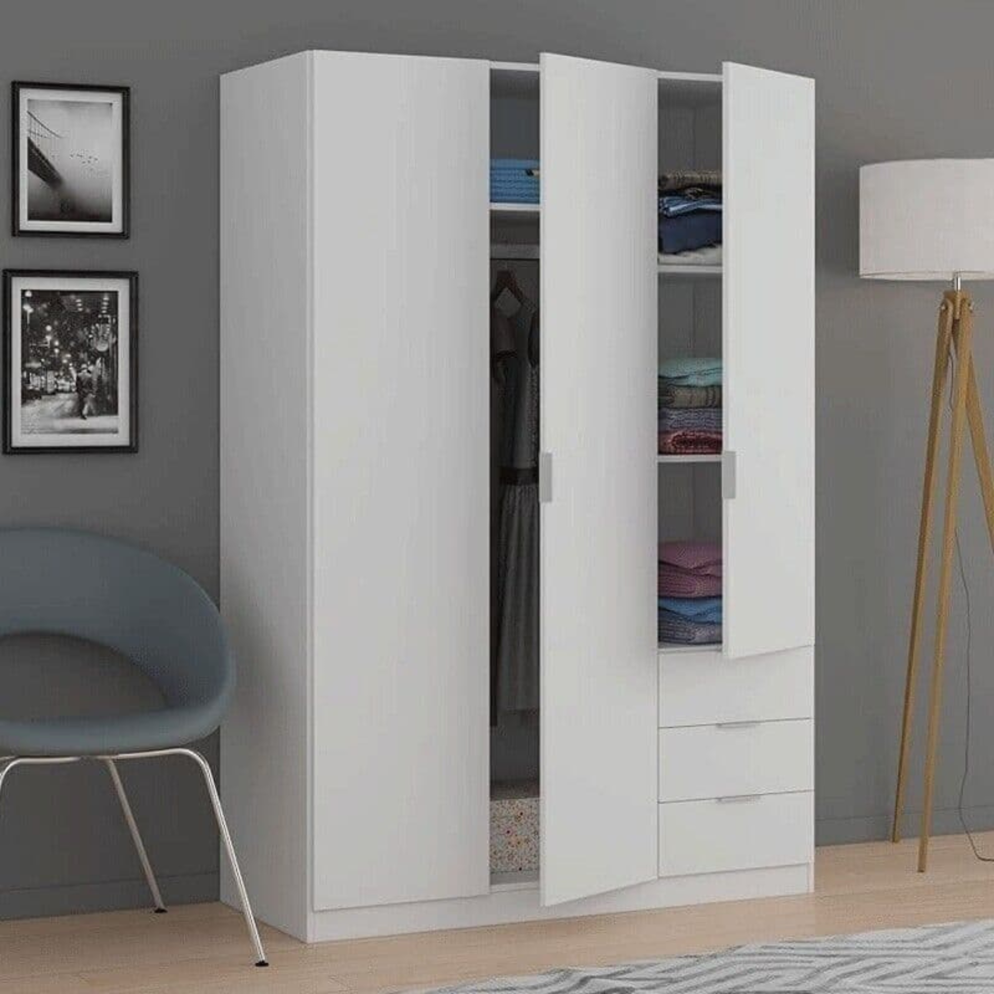 Cairo Artic White Compact 3 Door 3 Drawer Space-Saving Wardrobe LCX323O- 3202