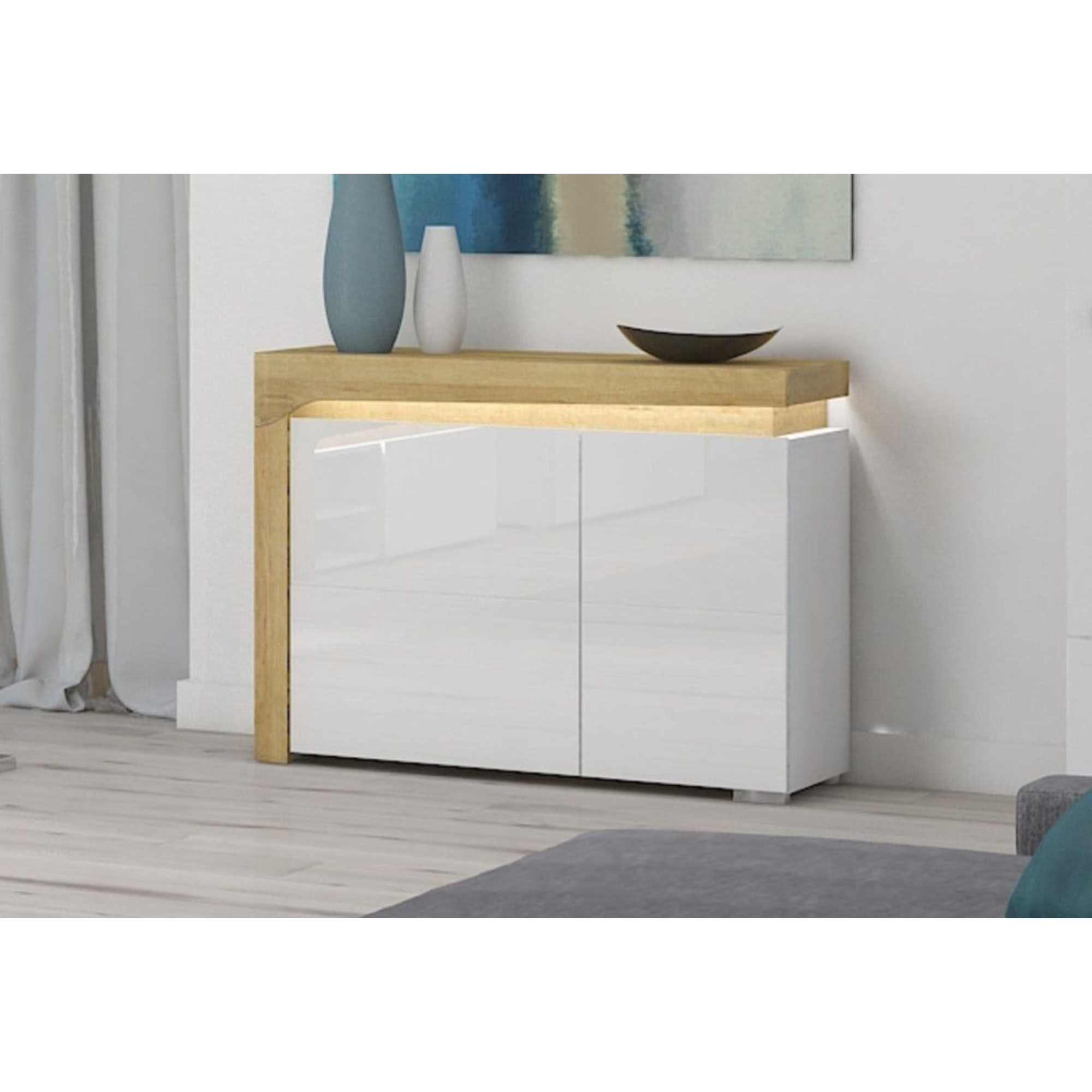 Cadillac Oak Effect And White Gloss 2 Door Small Sideboard With Lights - 3178