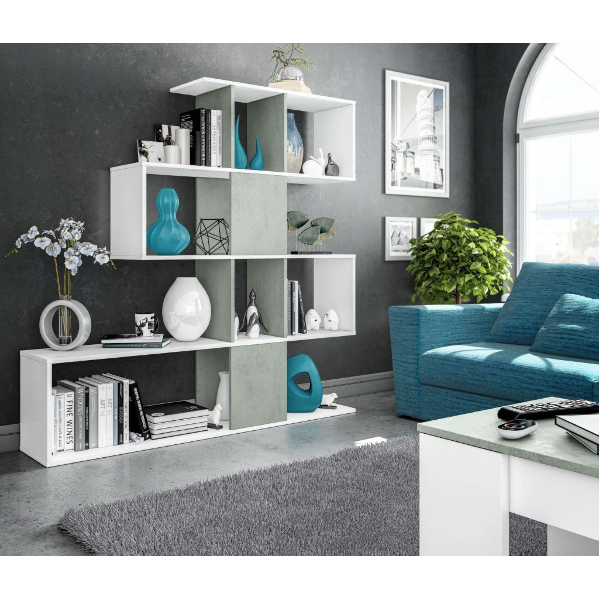 Zaga Artic White and Concrete Grey Bookcase - 2932