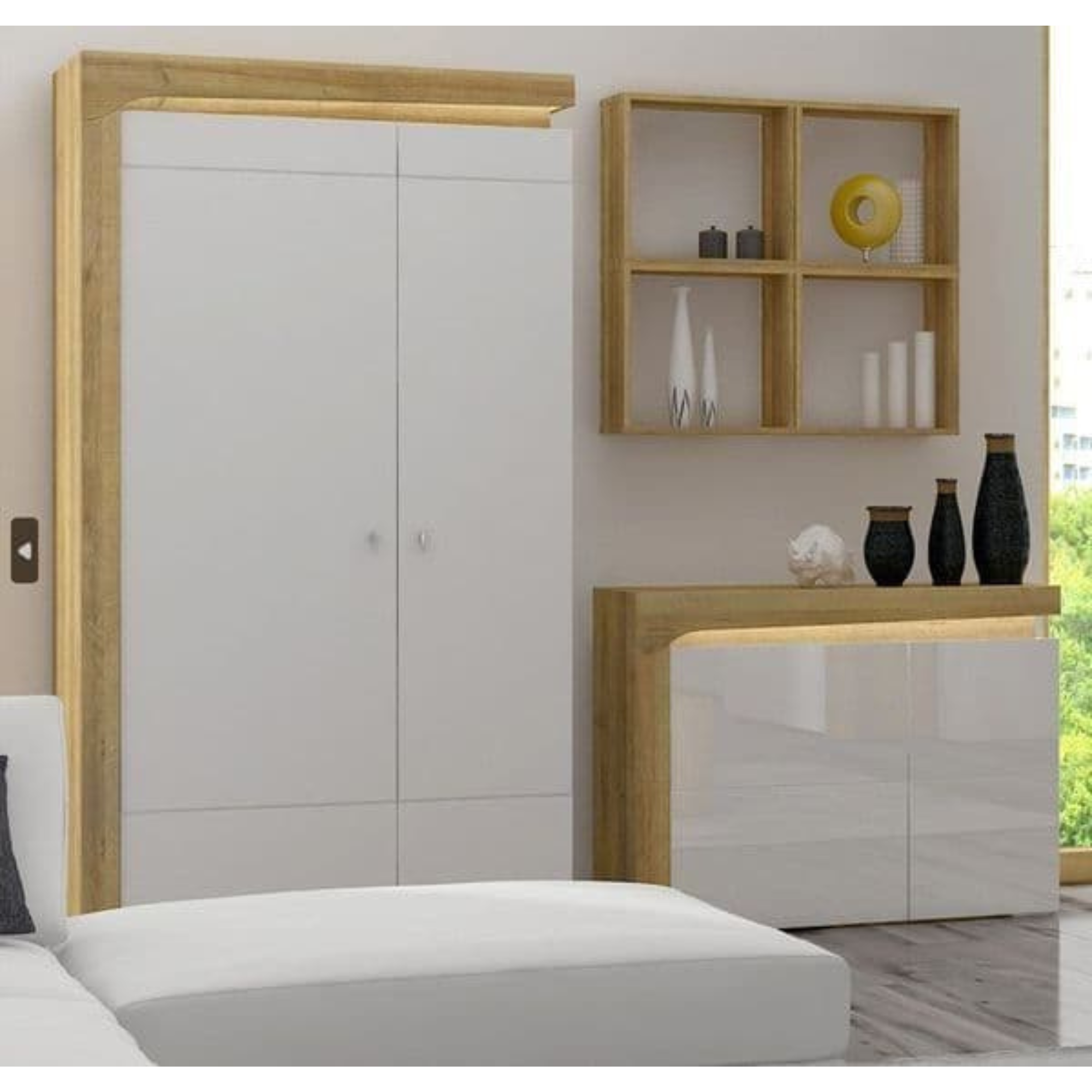 Cadillac Oak Effect And White Gloss 2 Door Wardrobe With LED Lights - 3175