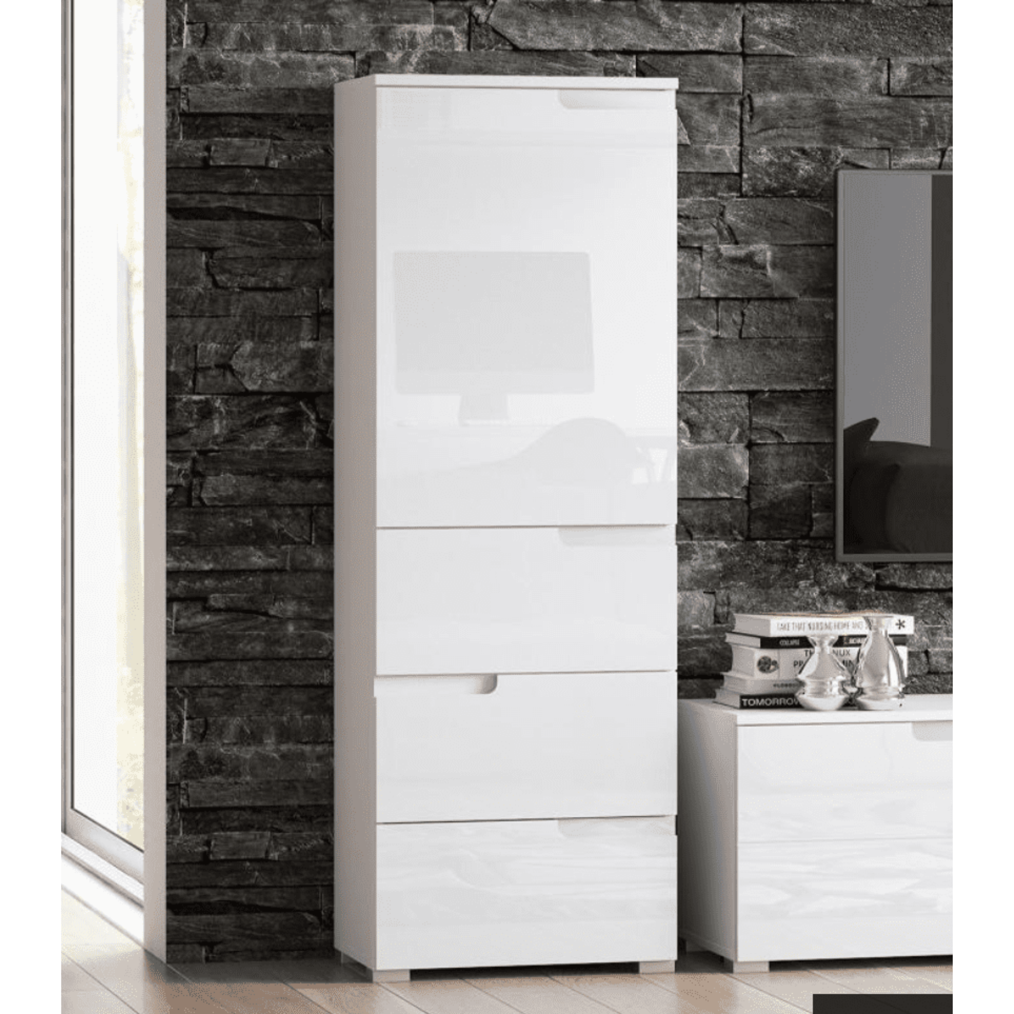 Santino White Gloss Slim Tallboy Storage Unit with Cupboard and Drawers S11 - 2642