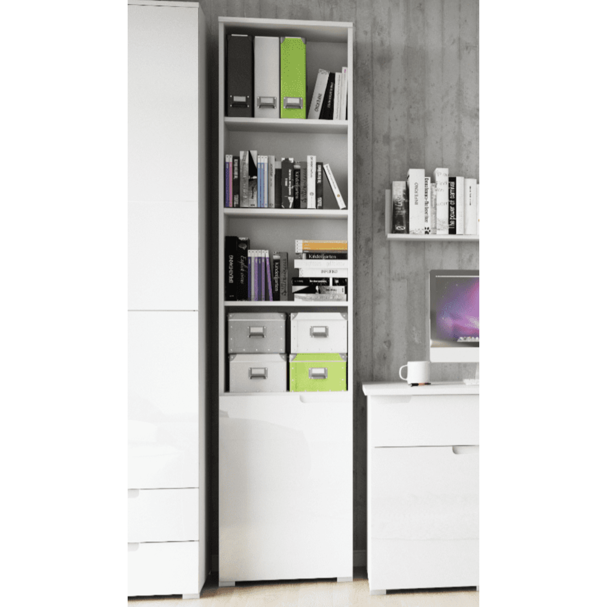 Santino Tall Narrow Bookcase with White Gloss Door S12 - 2620