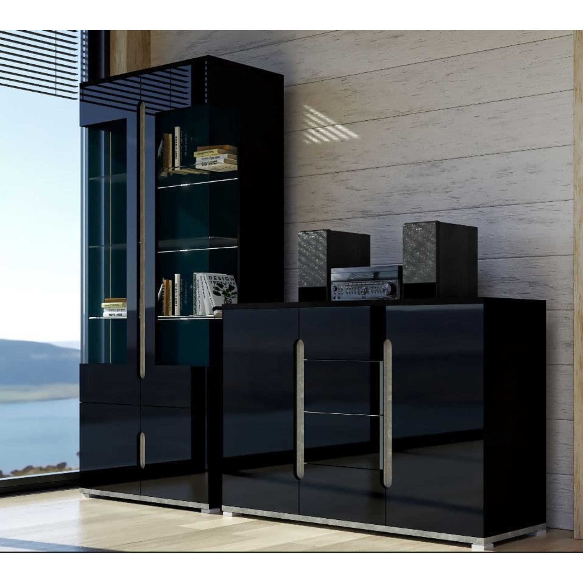 Elise Black High Gloss And Grey Display Cabinet T02