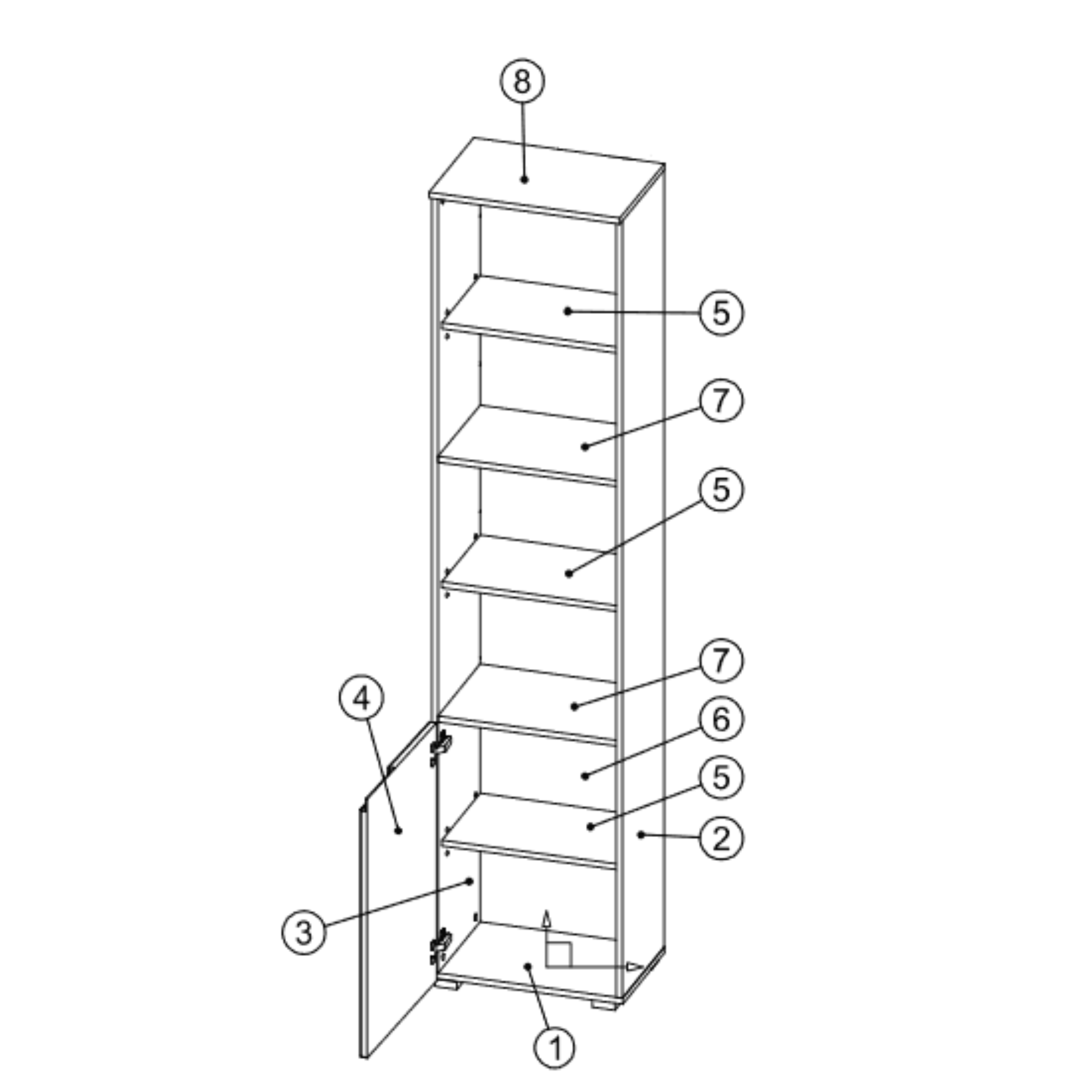 Santino Tall Narrow Bookcase with White Gloss Door S12 - 2620