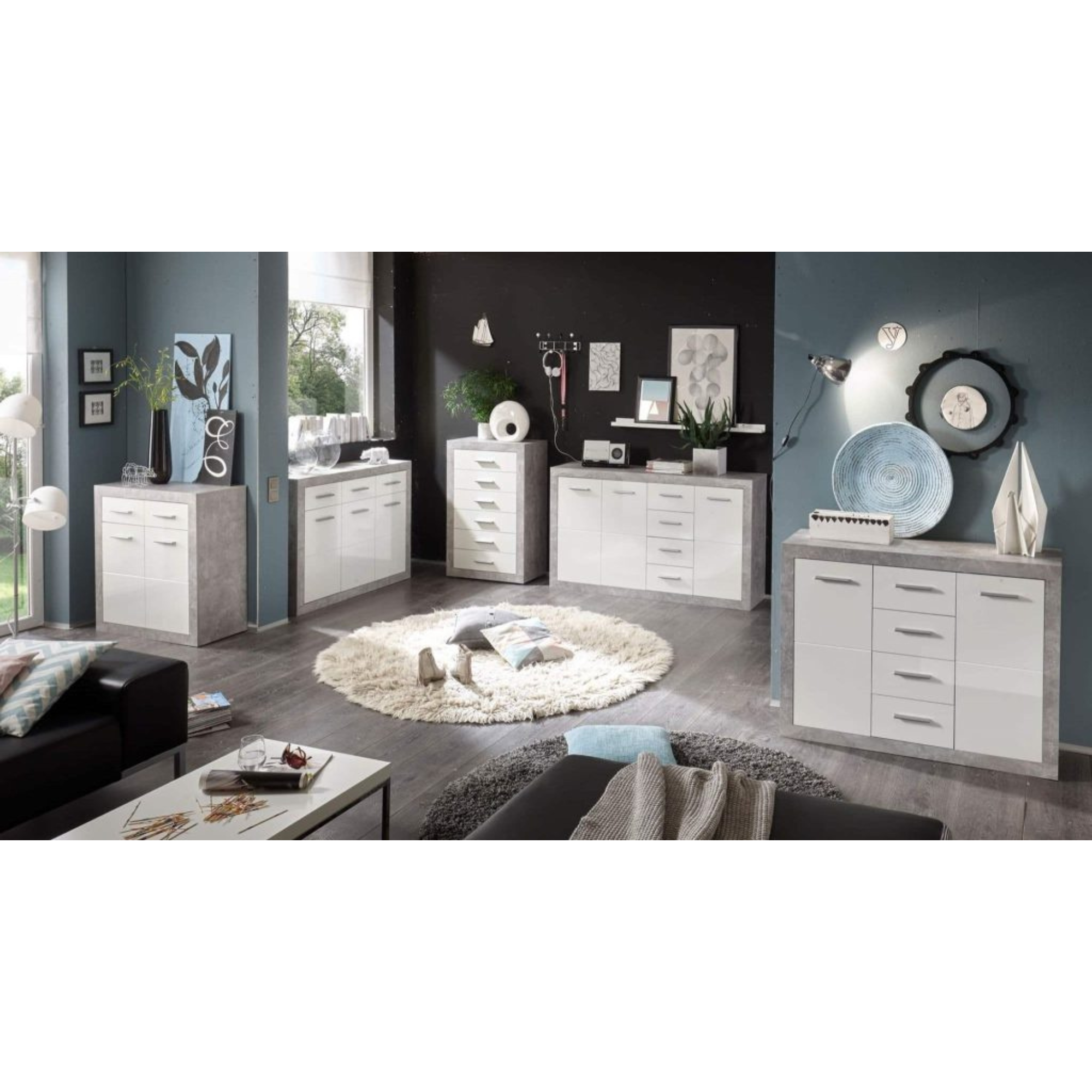 Pietra 117cm Sideboard Grey and White Gloss 2 door 4 drw - 2698