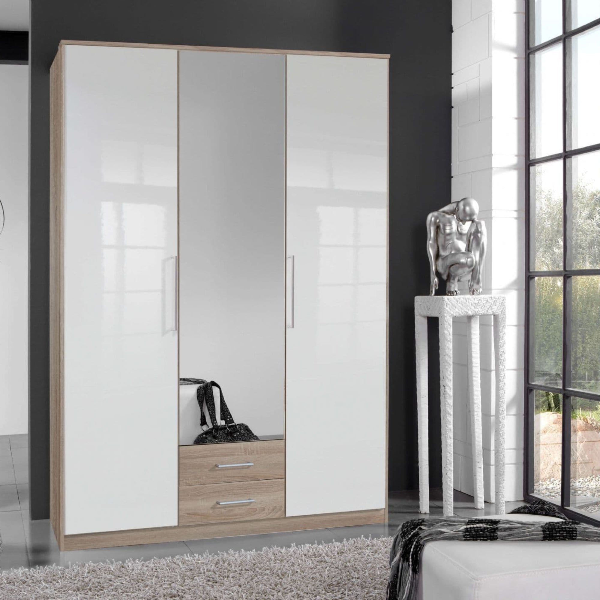 Anzo White Gloss And Oak Effect 3 Door / 2 Drawer Wardrobe