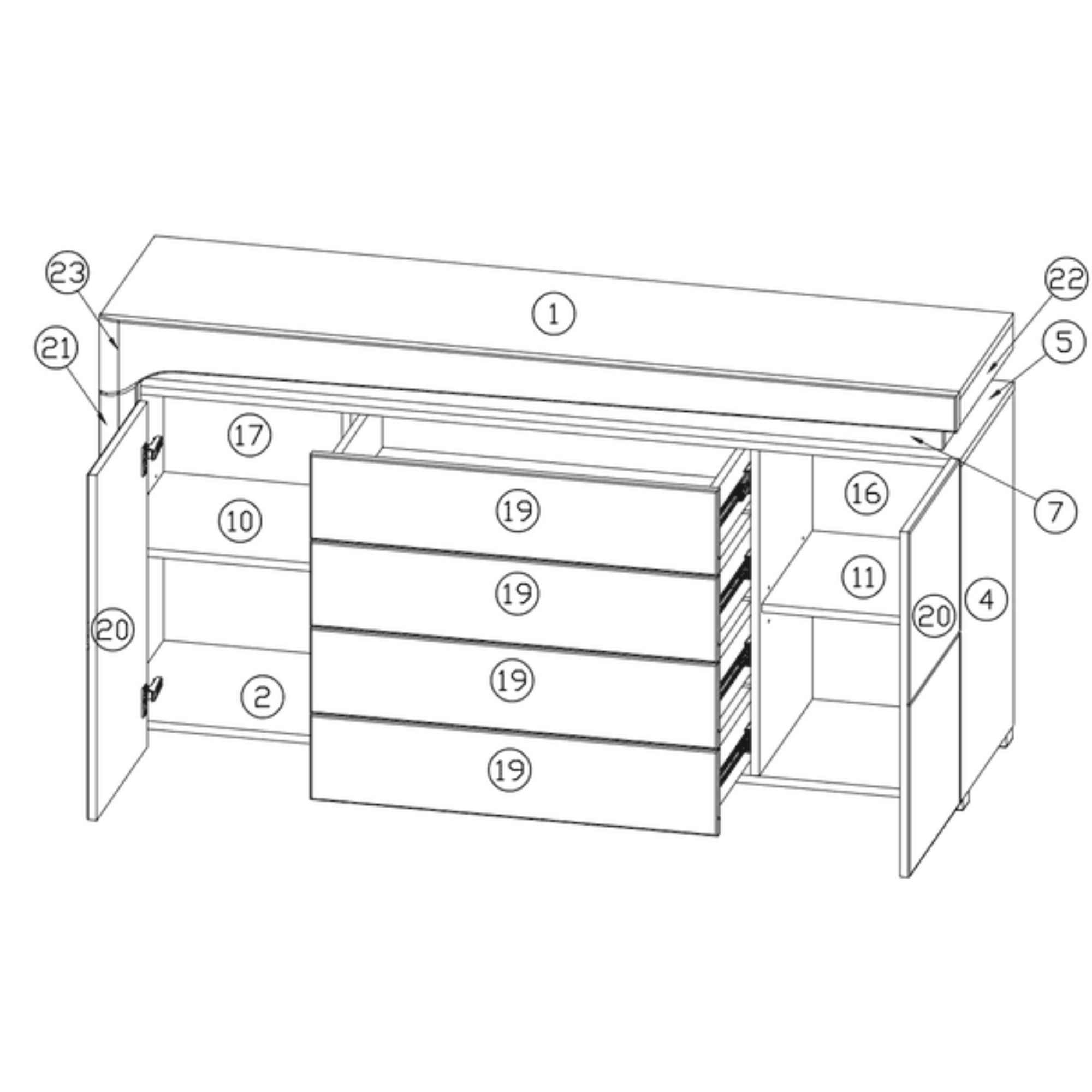 Cadillac Oak Effect And White Gloss 2 Door / 4 Drawer Sideboard With Lights - 3179