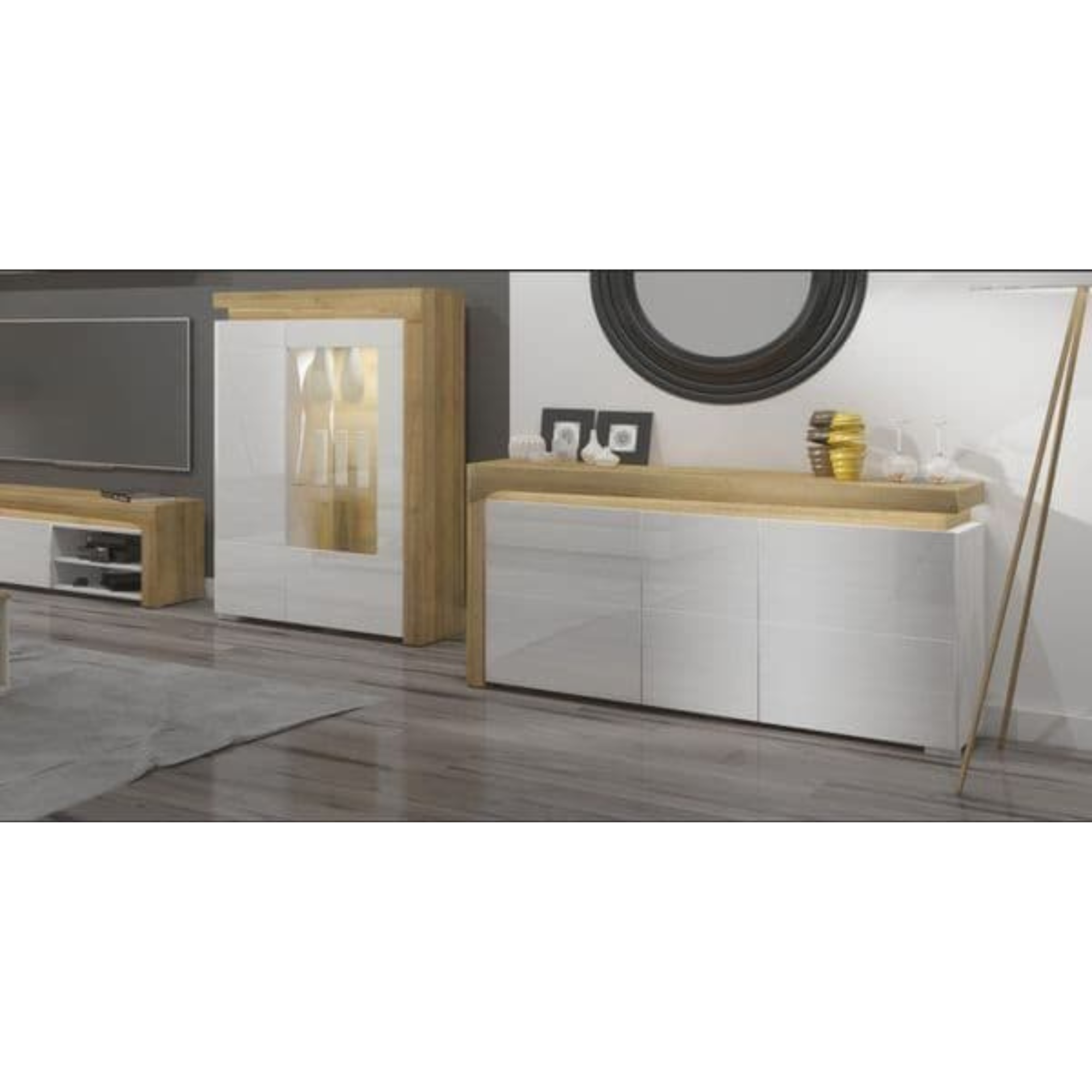 Cadillac Oak Effect and White Gloss 3 Door Sideboard With Lights - 3177