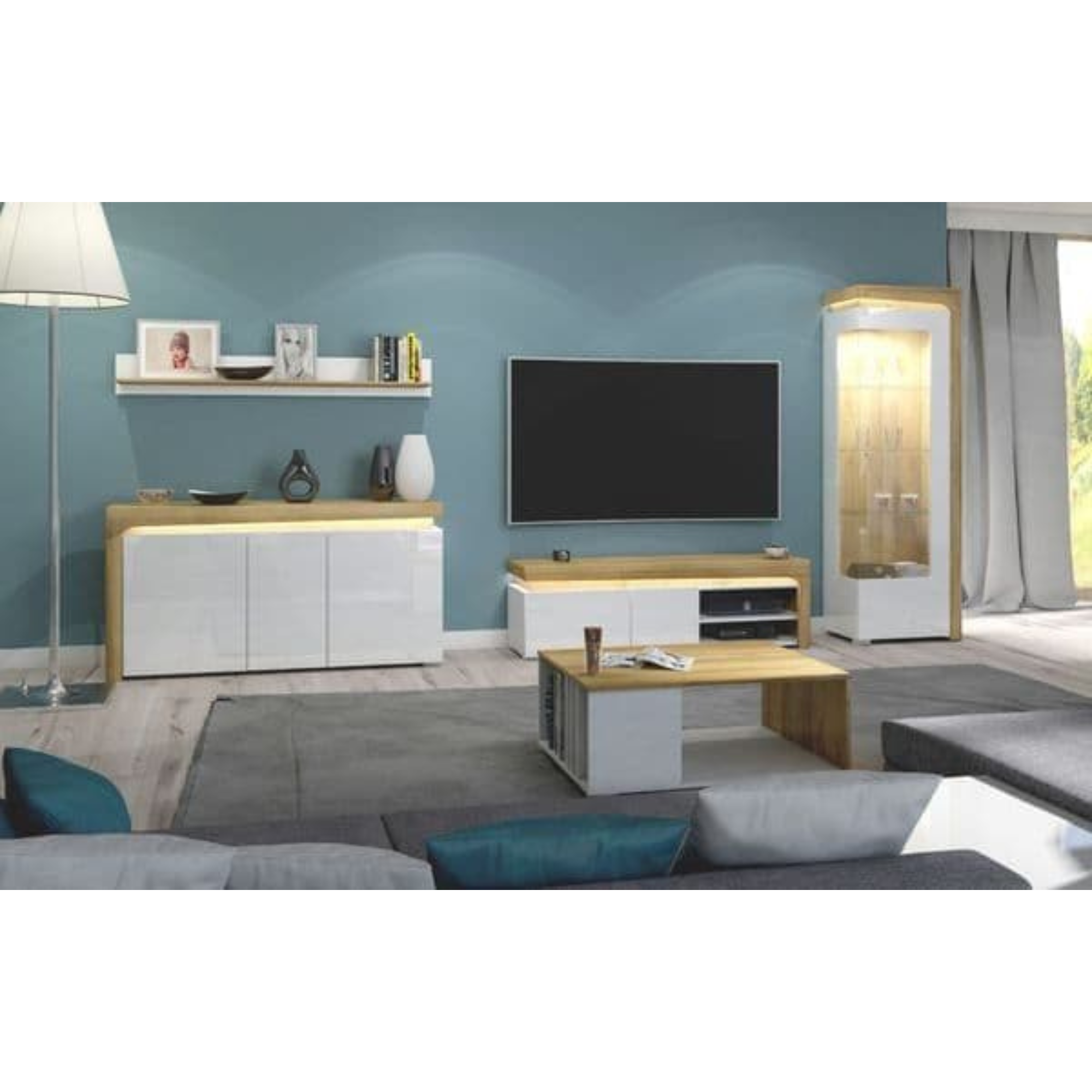 Cadillac Oak Effect And White Gloss TV Unit With Lights - 3180