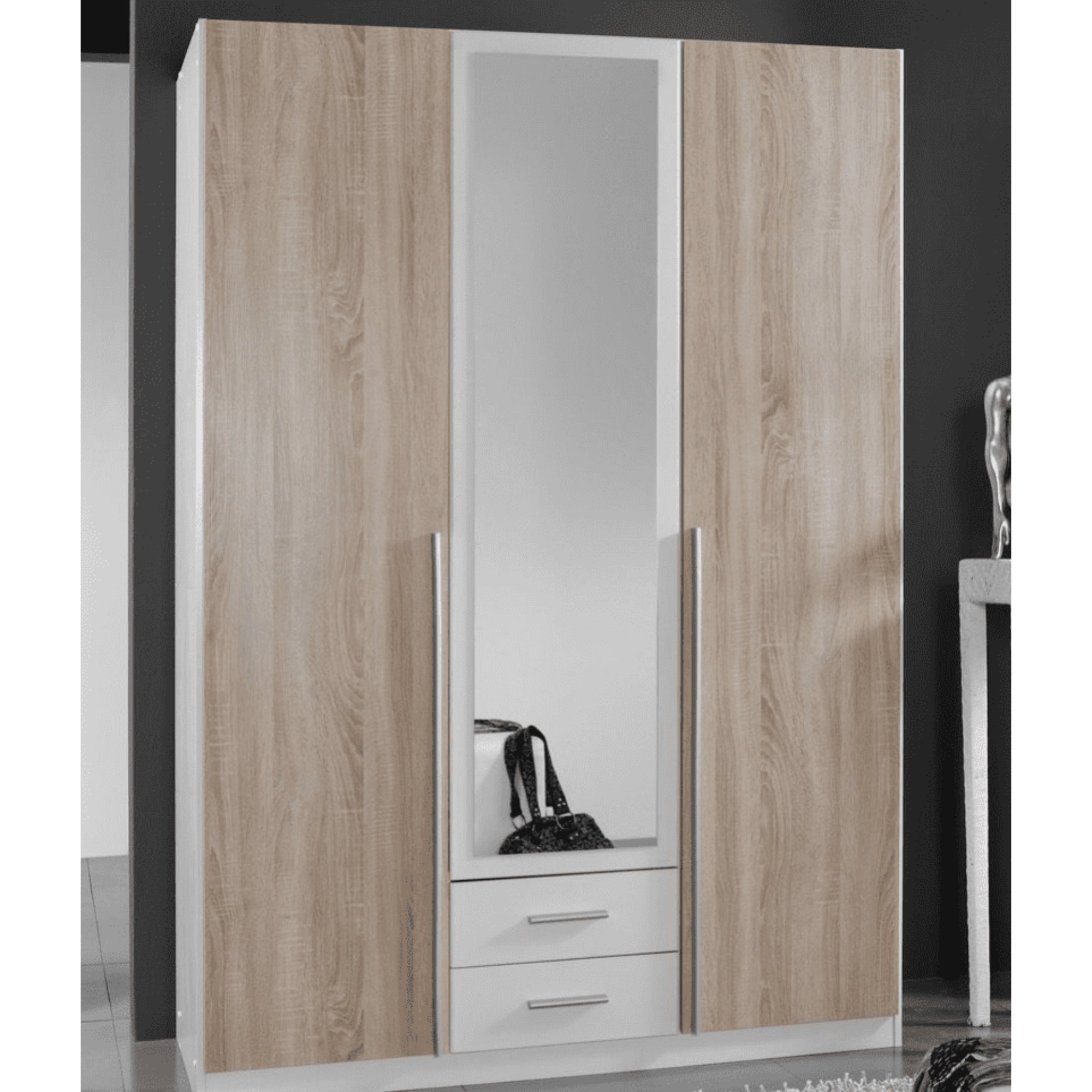 Artic White and Oak Effect 3 Door / 2 Drawer Wardrobe - 2650