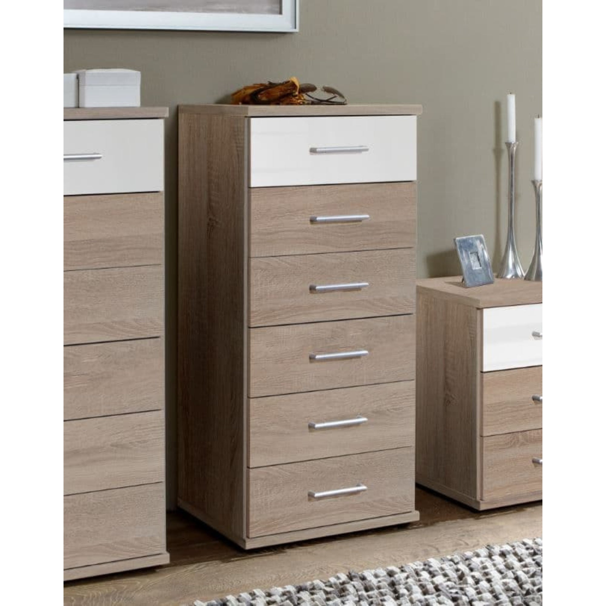 Anzo White Gloss And Oak Effect Narrow Chest Of Drawers