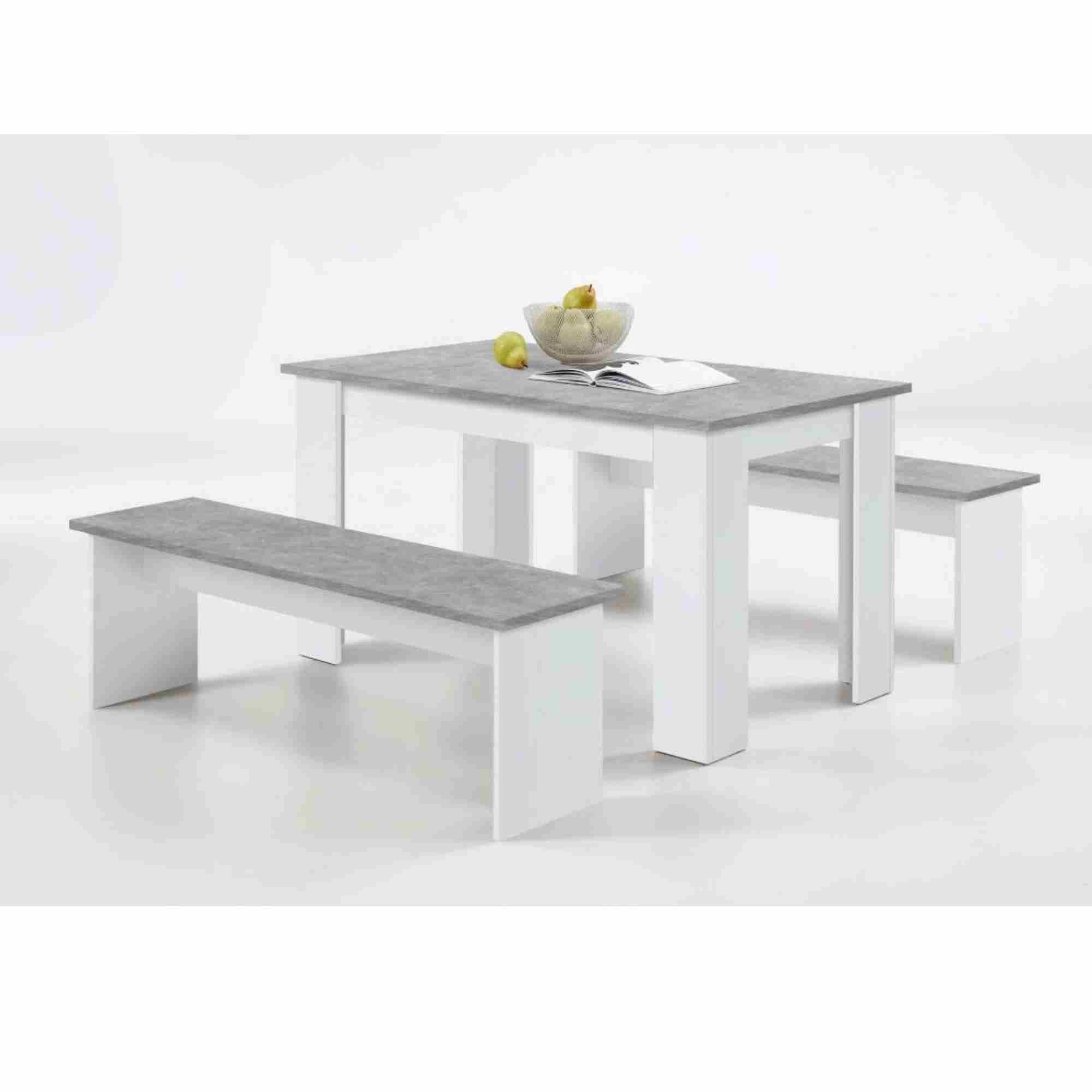 Danto White & Concrete Grey Dining Table With Bench Seats - 2692