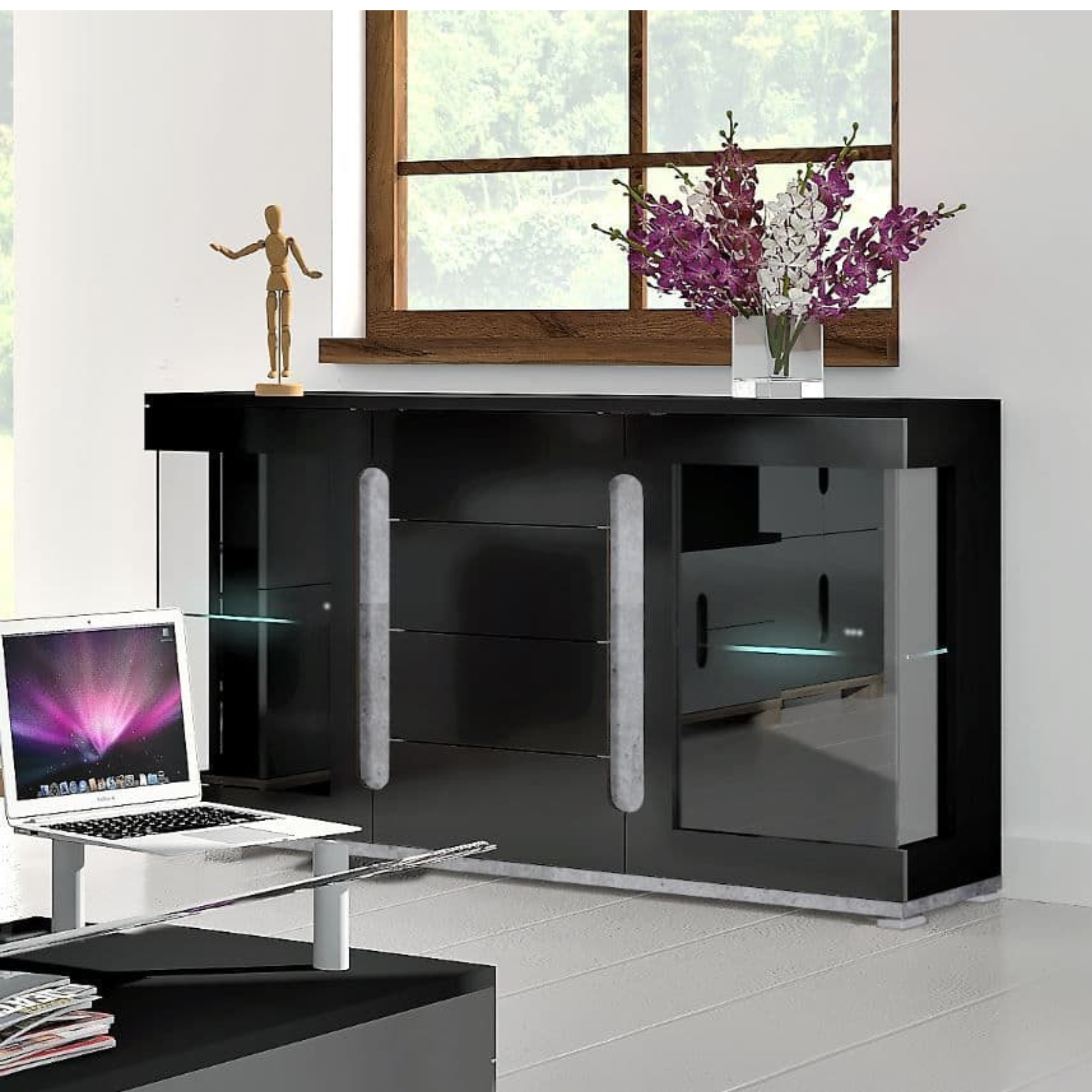 Elise Black High Gloss And Grey Glass Door Sideboard T32