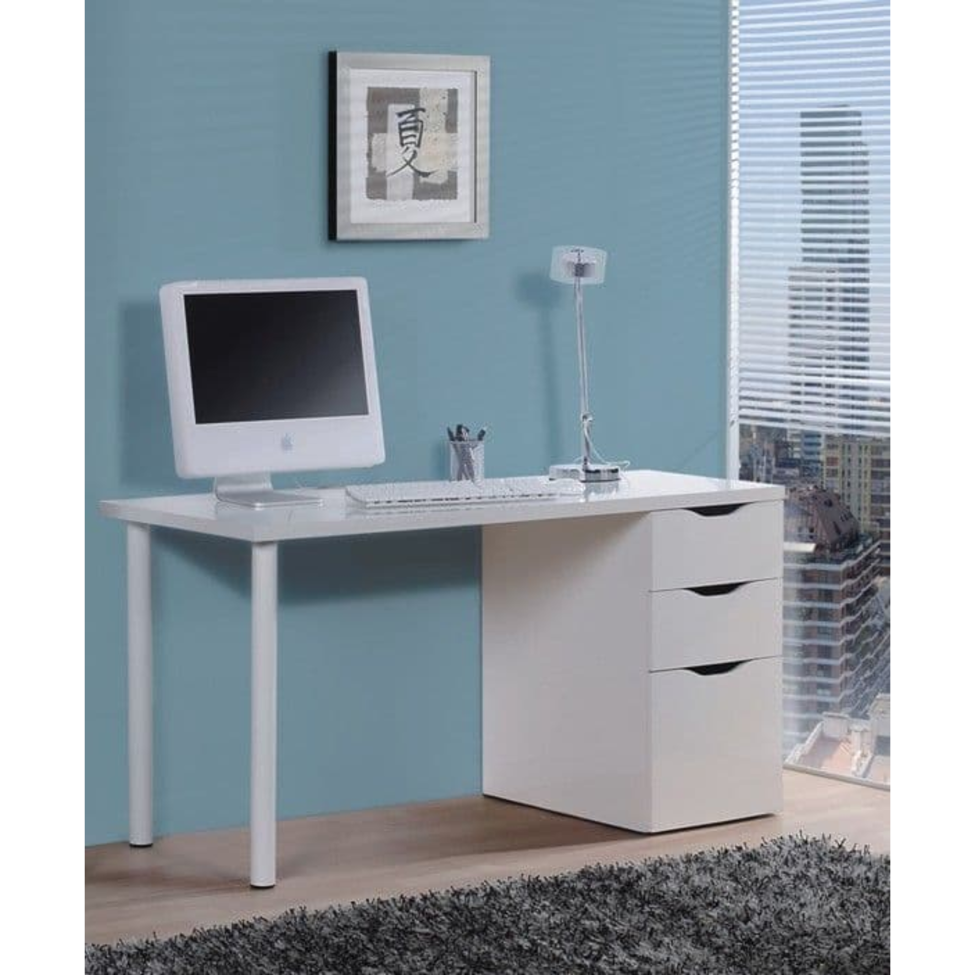 Blanco White Gloss Desk With 3 Drawers - 2490