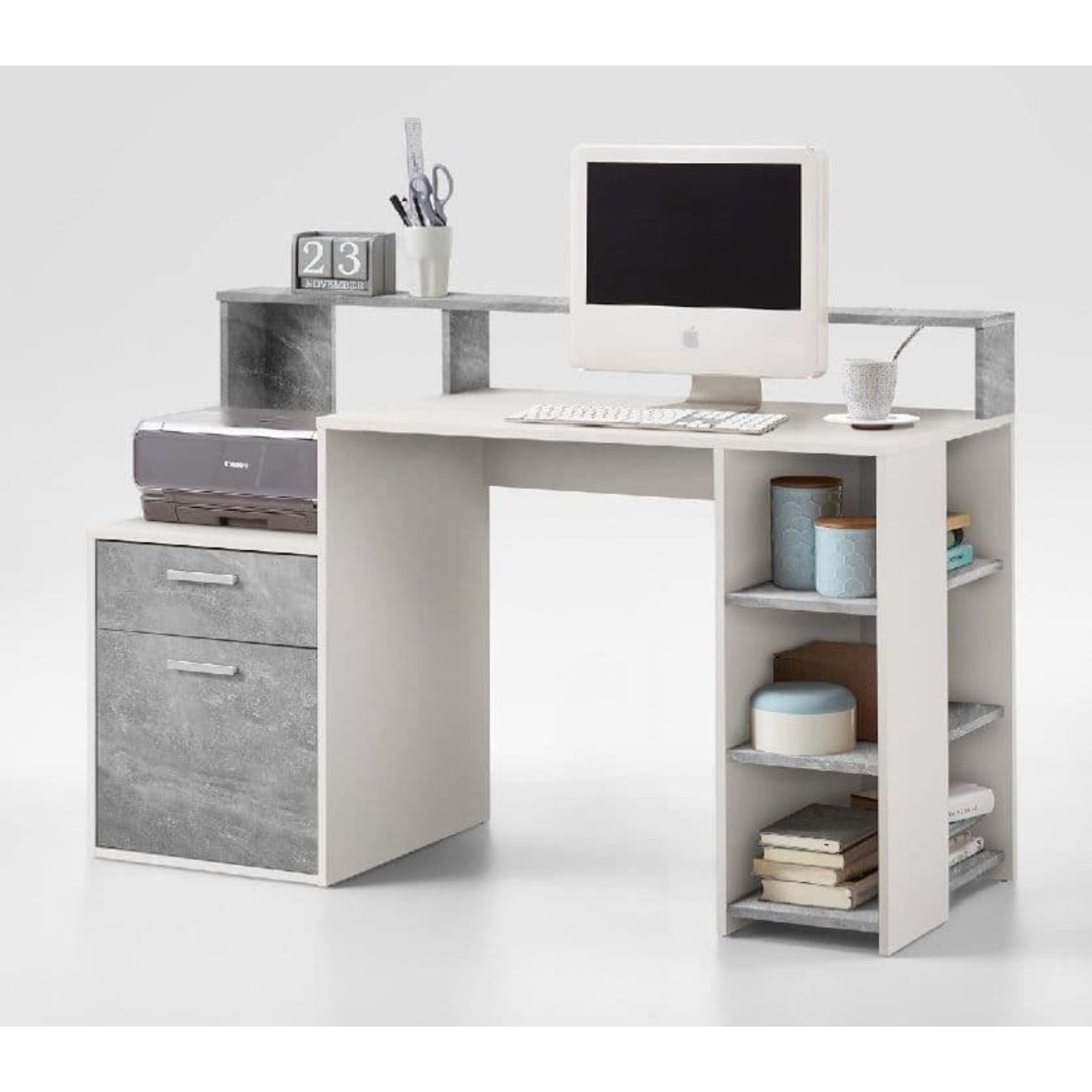 Sansa White and Grey Desk with Hutch - 2673