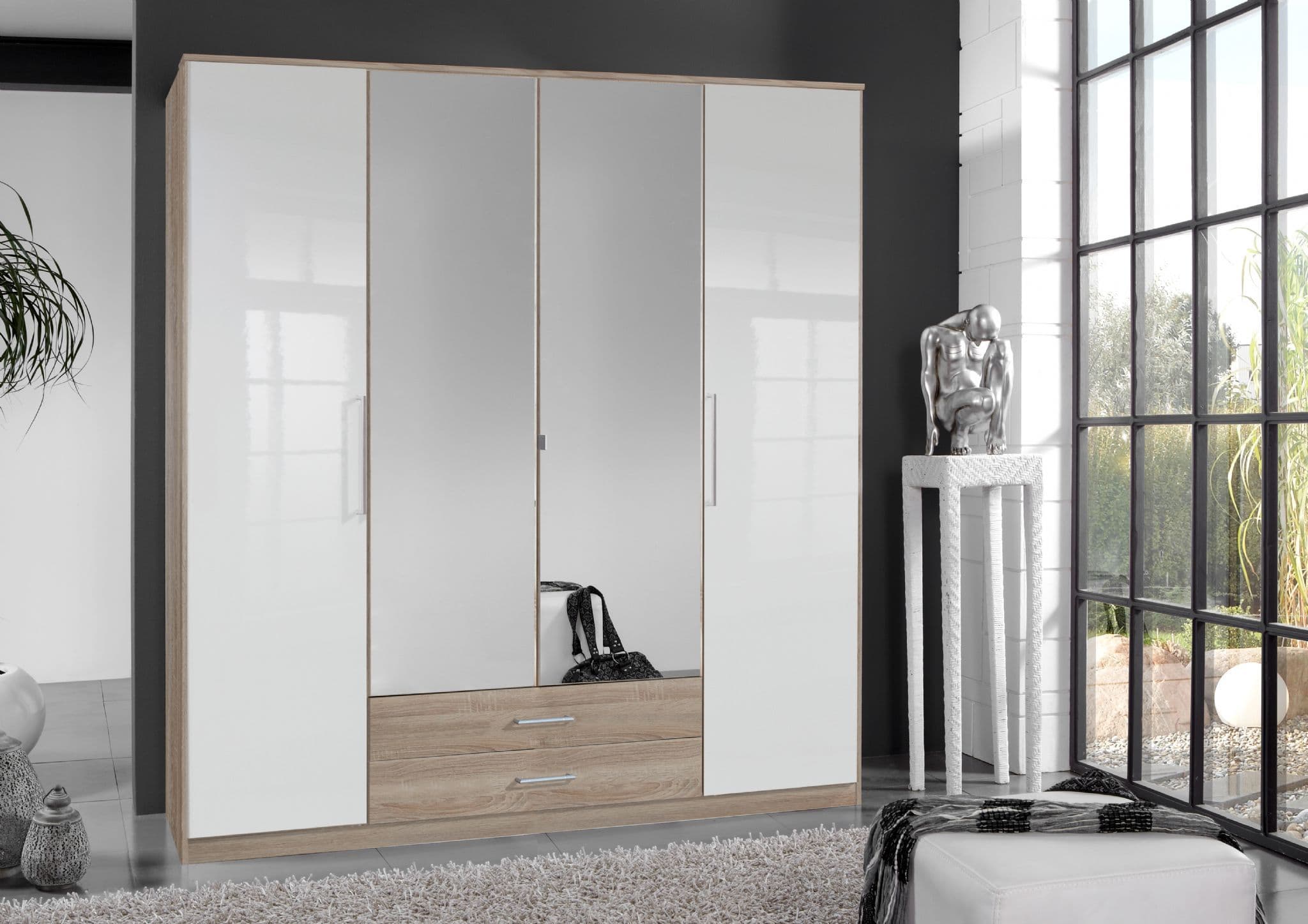 Anzo White Gloss And Oak Effect 4 Door Wardrobe